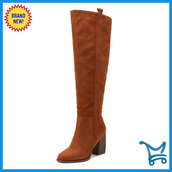 Faux Suede Over The Knee Boots Pointed Toe 3 Inch Heel Side Zipper Stretch